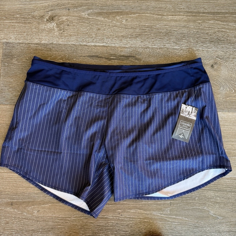Oiselle Blue Pinstripe Long Toolbelt Roga Shorts Size 16/18 Built In Briefs
